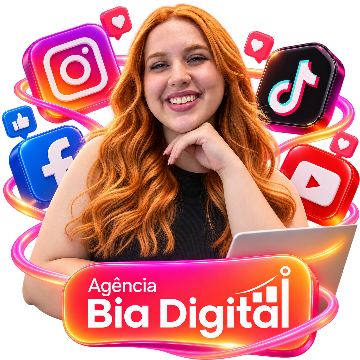 Bia em uma composição neon da Agência Bia Digital com ícones 3D das redes sociais